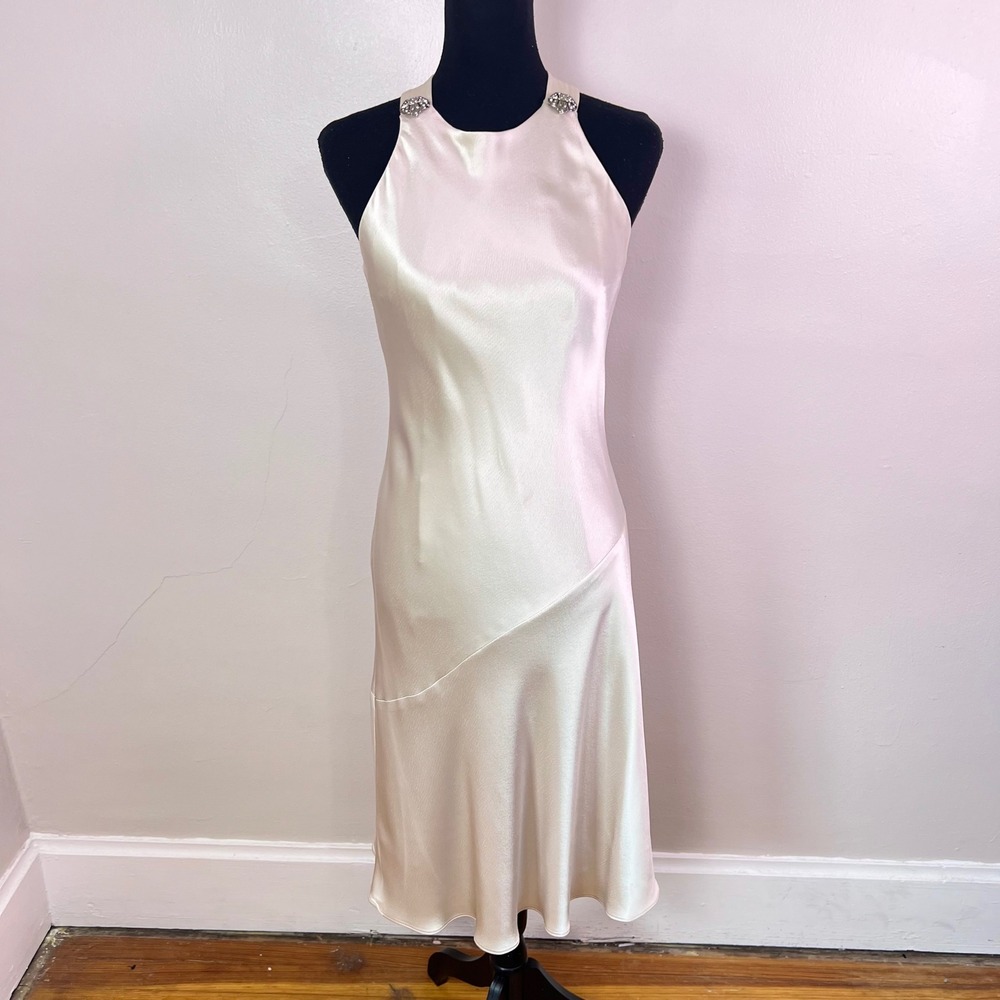 Jones New York Dress Halter Midi 6 Champagne Satin Rhinestone Y2K Quiet Luxury